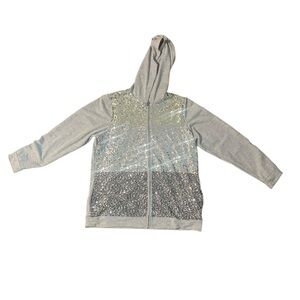 Quacker Factory Zip Up Sparkle Hoodie Sweatshirt Jacket Gray Sequin Size Large